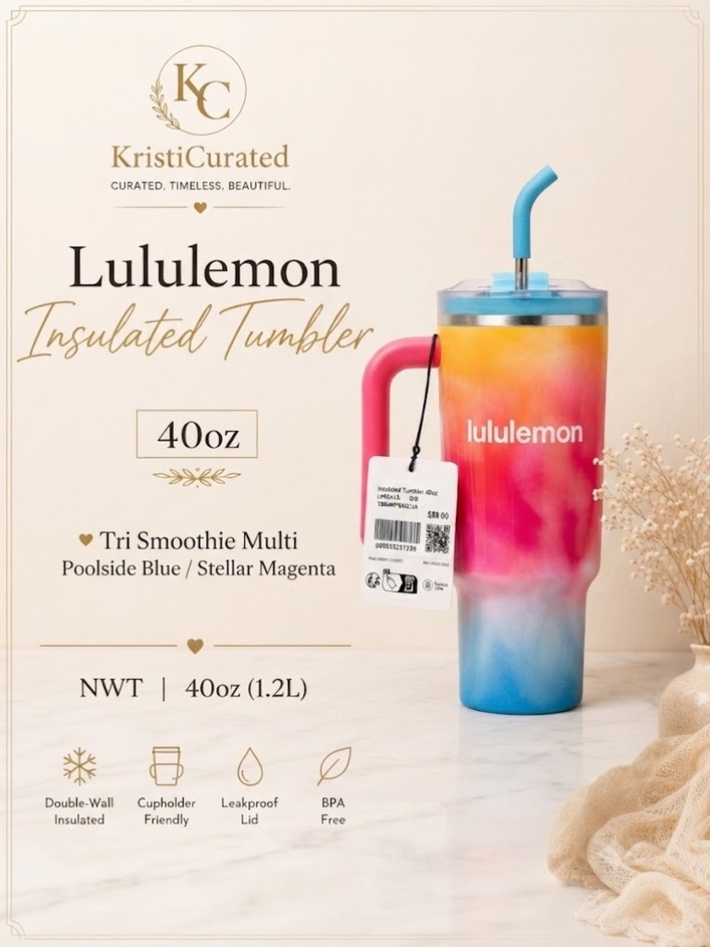 🩷💙 Lululemon 40oz Insulated Tumbler | Tri Smoothie Multi | NWT |